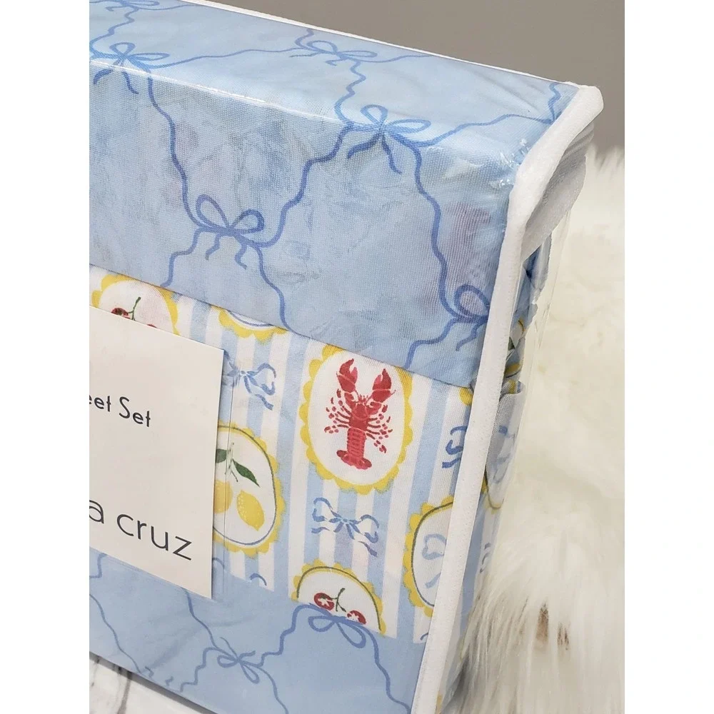 NEW 4 PIECE KING SIZE sheet set lobster ribbons fruit lemons nautical beach blue
